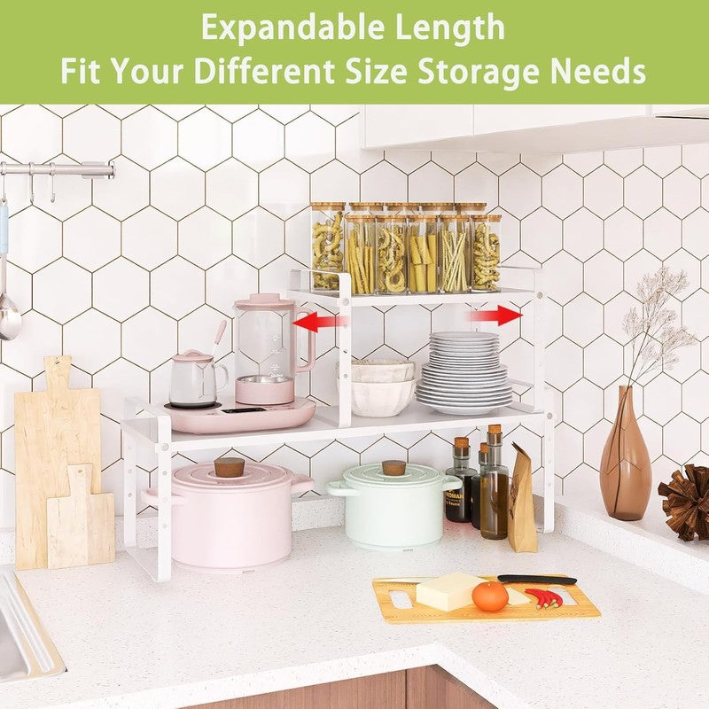 Expandable Cabinet Shelf Organizer 2 Pack Stackable Kitchen Rack White2