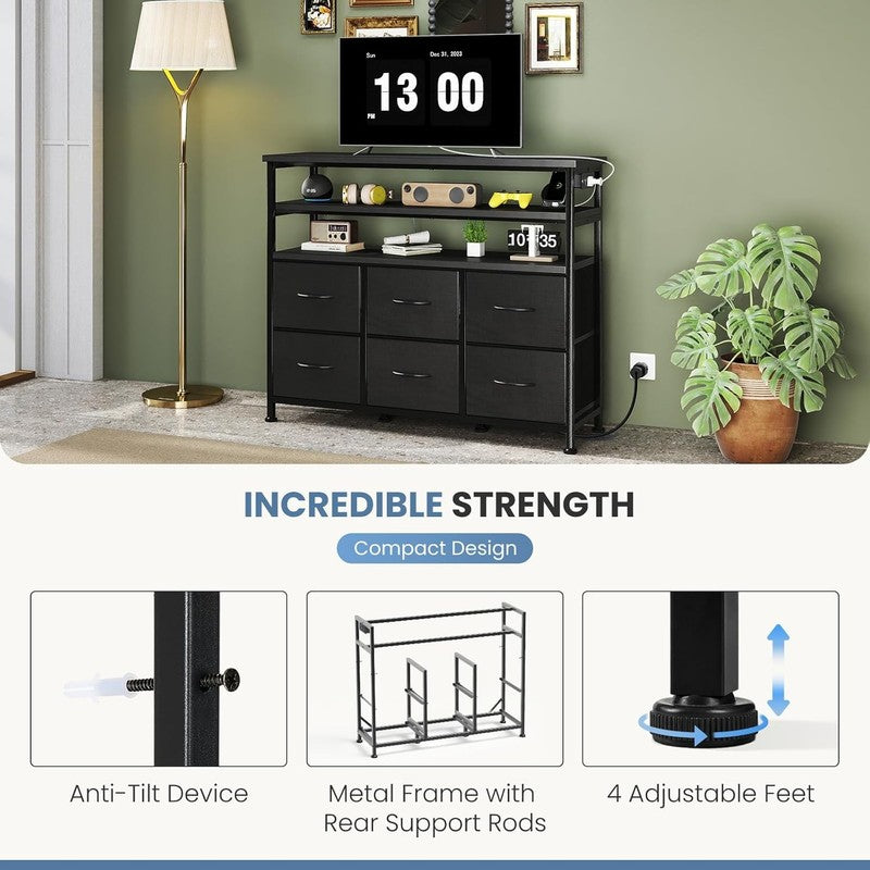 45 Inch TV Stand Wood Top Media Console 6 Drawers LED Lights Charging6