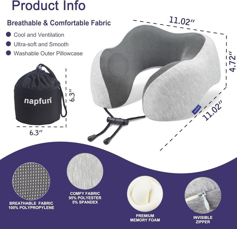 Travel Neck Pillow 100% Memory Foam – Portable Airplane Headrest – Light Grey1