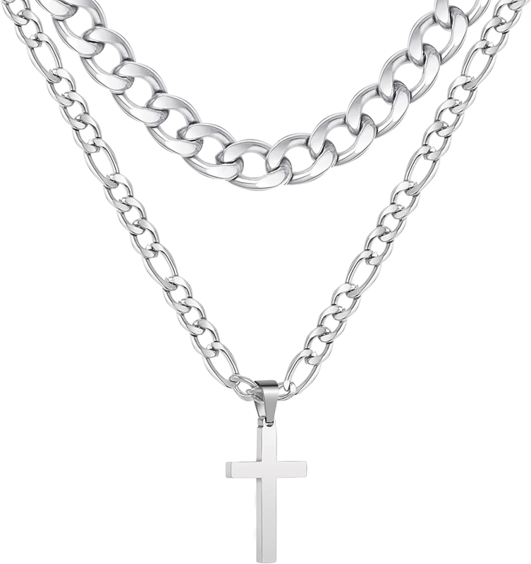 Layered Silver Cross Necklaces for Men Cuban Figaro Chain Set Gift for Dad10