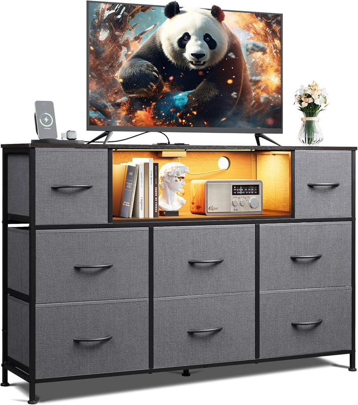 Grey TV Stand Dresser LED Lights Charging Station 8 Fabric Drawers Open Shelves10