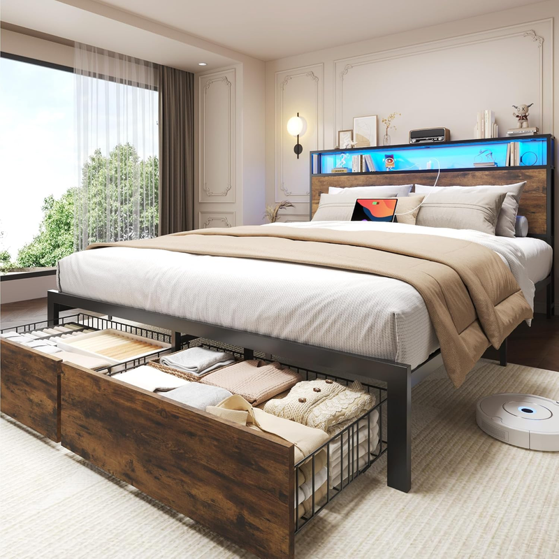 Queen Bed Frame LED Charging Storage Headboard Drawers Metal Rustic Brown7