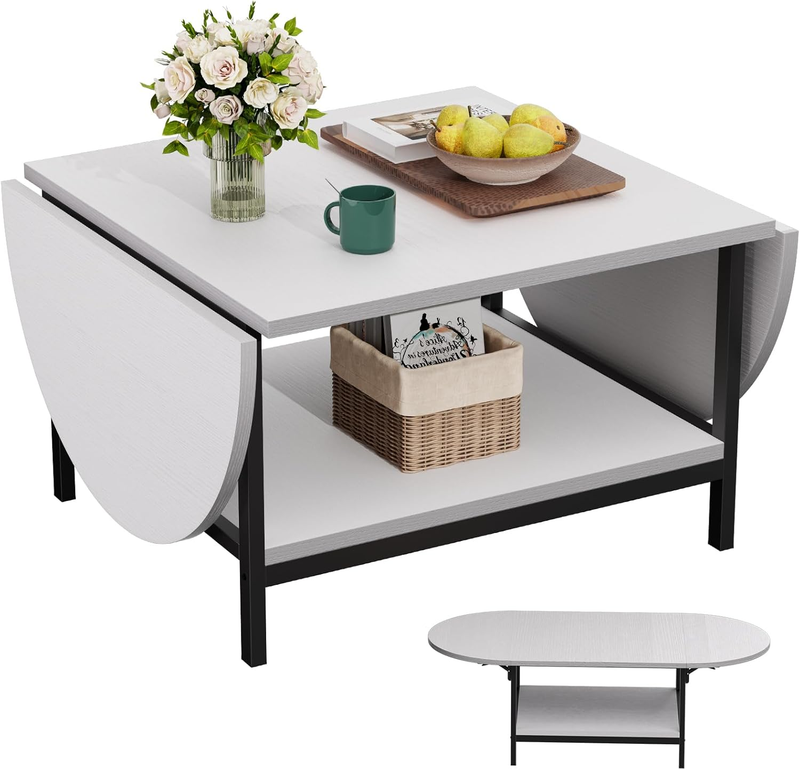 White 2 Tier Foldable Coffee Table with Storage, Modern Living Room Table9