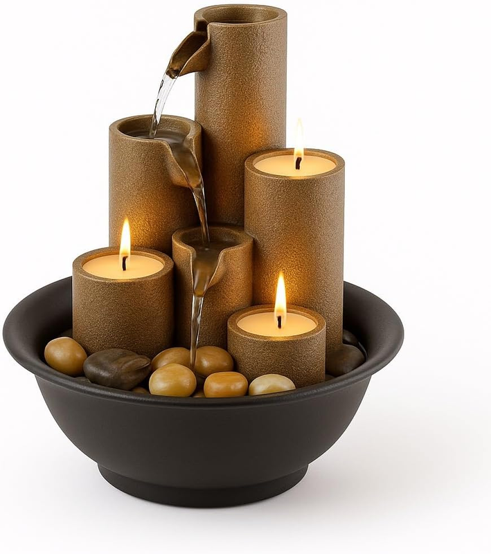 WCT202 Indoor Tabletop Tiered Water Fountain Featuring 3 Candles for Desktop and1