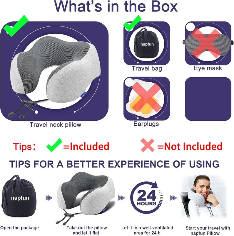 Travel Neck Pillow 100% Memory Foam – Portable Airplane Headrest – Light Grey5