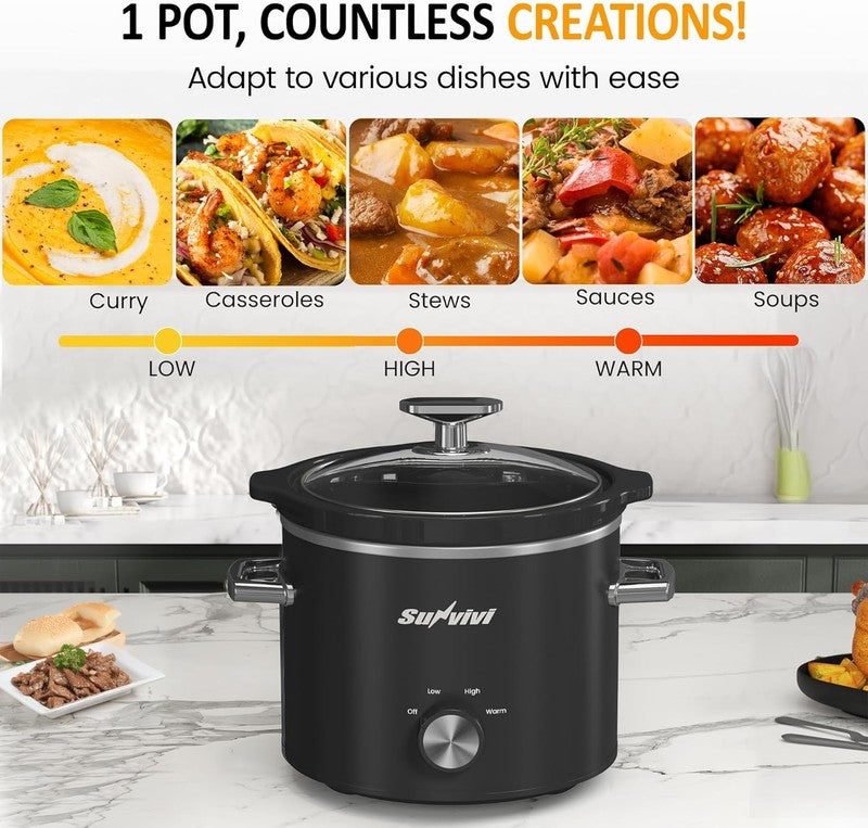 2Qt Slow Cooker Small Removable Ceramic 3-Setting Black Food Warmer3
