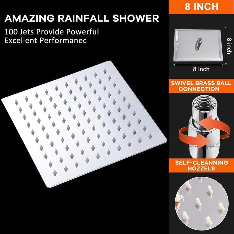 8" Chrome Rainfall Shower Head High Pressure Stainless Steel Square2