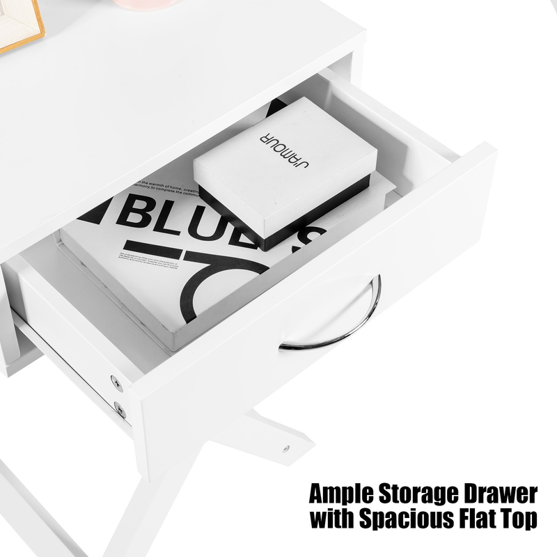 Modern Versatile Nightstand X-Shape Wooden Table with Drawer for Bedroom White5