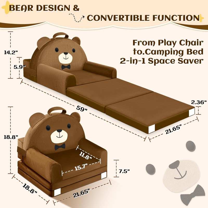 Kids Foldable Sofa Bed w/ Washable Cover, Crystal Velvet Toddler Chair Brown2