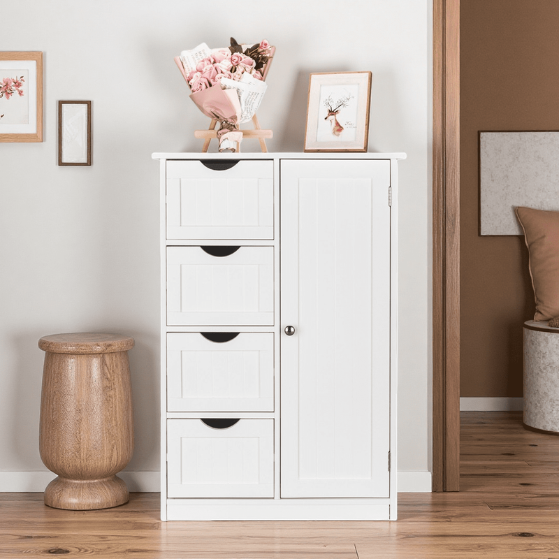 Bathroom Floor Cabinet with Door and 4 Drawers, Freestanding Storage Cabinet for6