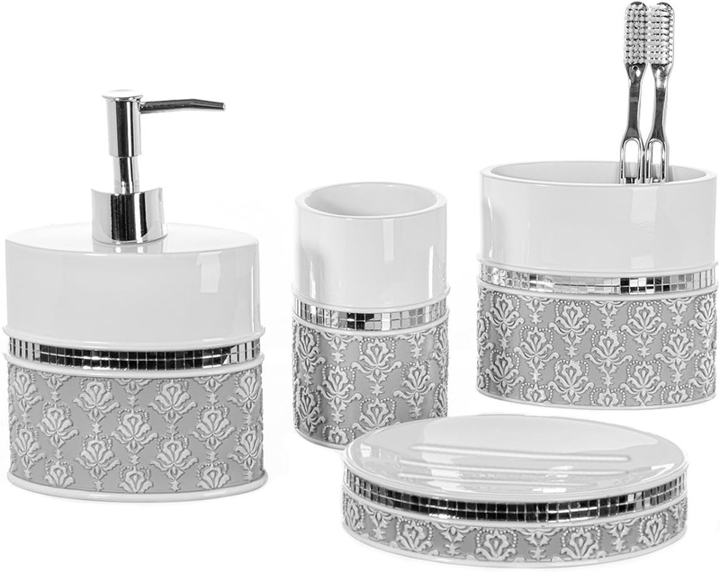 Elegant Mirror Damask 4-Piece Bathroom Accessory Set in White and Gray9