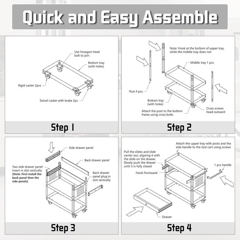 3 Tray Rolling Tool Cart, 400 LBS Capacity Mechanic Tool Carts on Wheels, Heavy8
