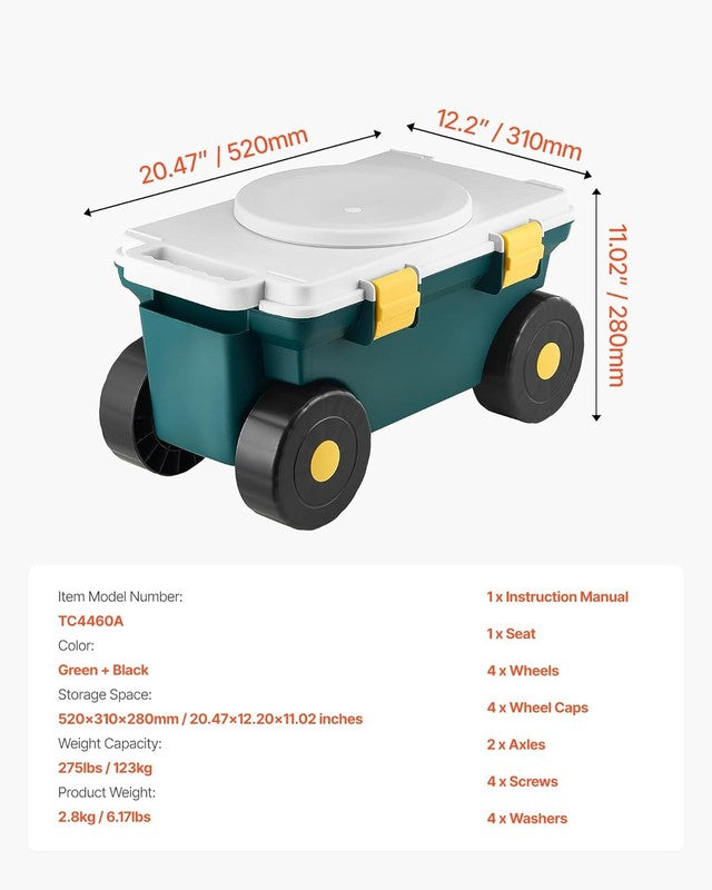 Garden Scooter with Seat, 2 in 1 Rolling Garden Cart with Storage Bin, Supports 6