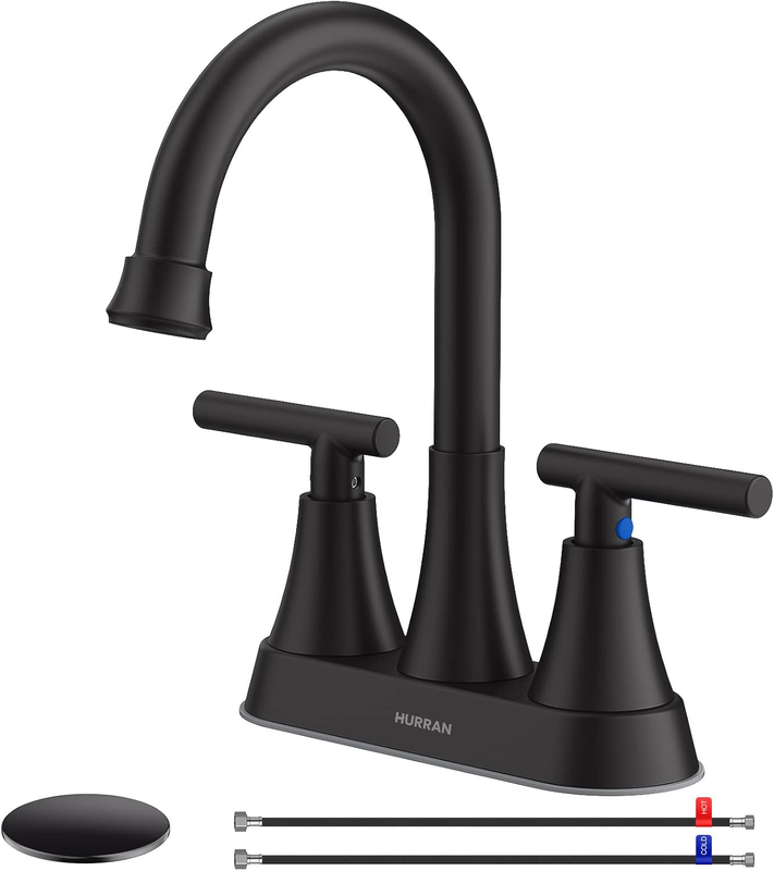 Matte Black Bathroom Sink Faucet 4" Centerset w/ Drain & Supply Hoses0
