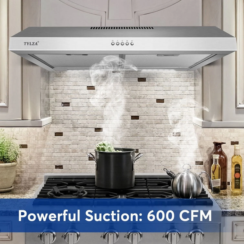 Tylza 30" 600CFM Stainless Steel Under Cabinet Range Hood LED Charcoal Filter8