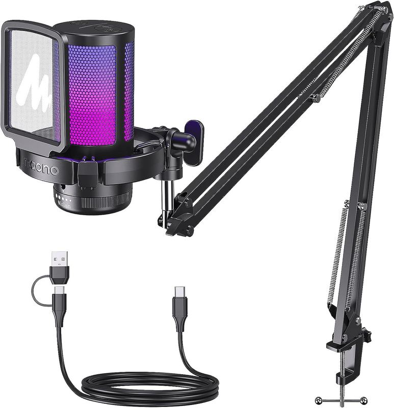 USB Gaming Microphone Noise Cancel Condenser Mic w/ Mute Gain Monitor DGM20S0