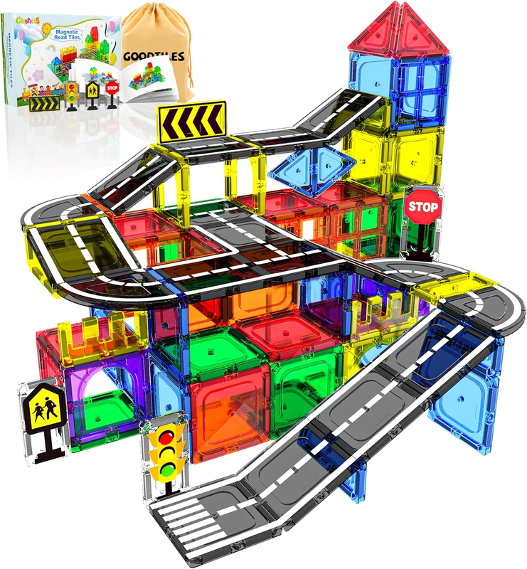 Magnetic Tiles Road Set – Montessori Building Blocks STEM Toy for Kids Ages 3–89