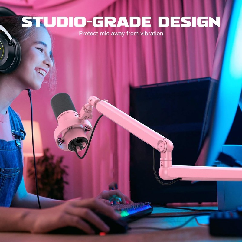 Low Profile Pink Boom Arm Mic Stand with Cable Management for Streaming Podcast7