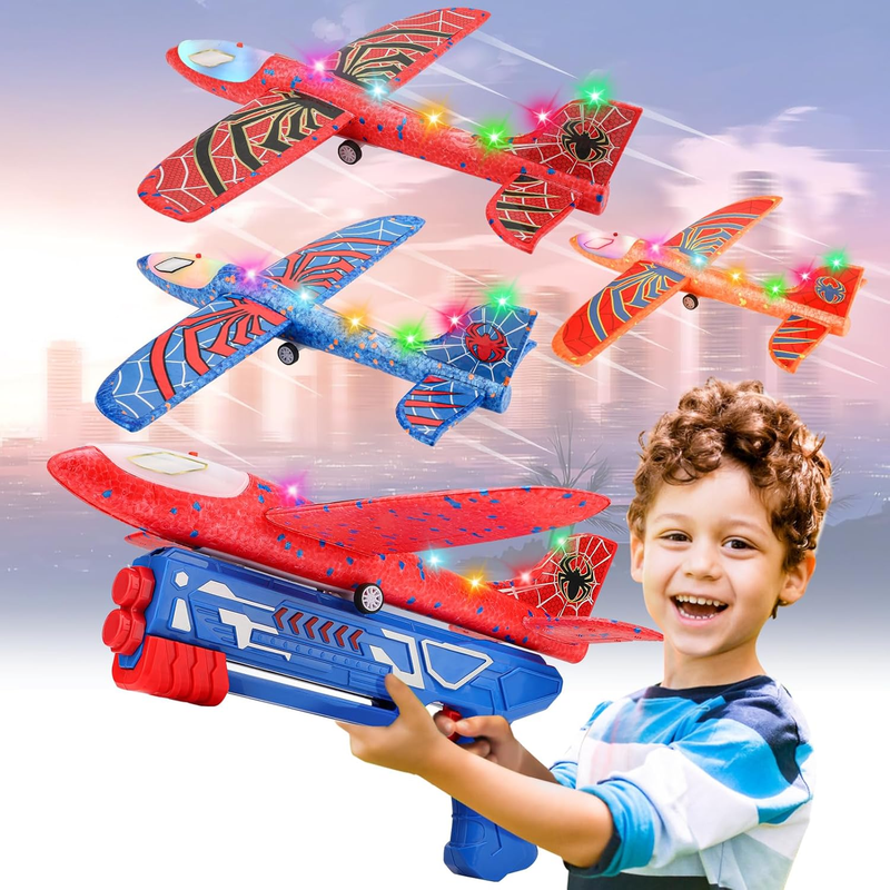 3 Pack Spider LED Foam Airplane Launcher Toys 2 Flight Modes Outdoor Kids0