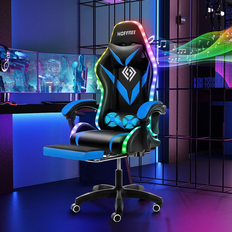 Gaming Chair with Speakers PU Leather Office Chair with Footrest and LED Lights 8