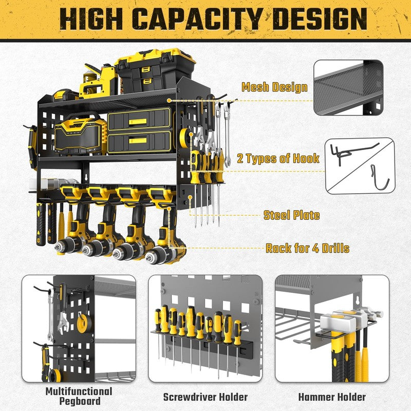Power Tool Organizer, 3 Layers Drill Holder Wall Mount with 2 Side Pegboards, He3