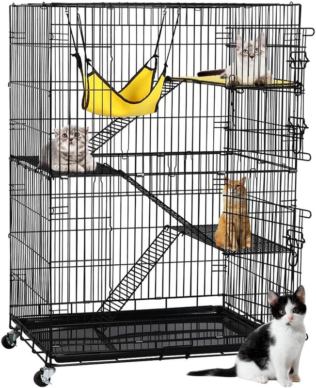 49" 4 Tier Collapsible Metal Cat Cage Kennel w/Casters Ramp Hammock Indoor10