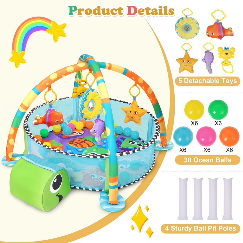 3-In-1 Baby Gym and Play Mat, Baby Activity with Ocean Ball Sensory Toys, 0-36 M5