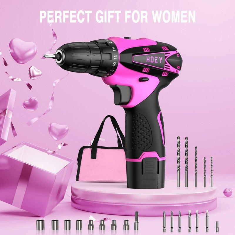 Pink 12V Cordless Drill Set Electric Screwdriver 1 Battery & Charger w/ Bag4