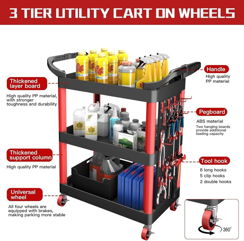 3 Tier Rolling Utility Tool Cart w/ Wheels Pegboard 440LB Garage Workshop3