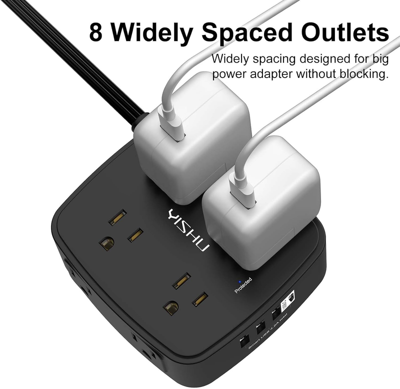 6FT Surge Protector Power Strip 8 Outlets 4 USB Ultra Flat Plug Black4