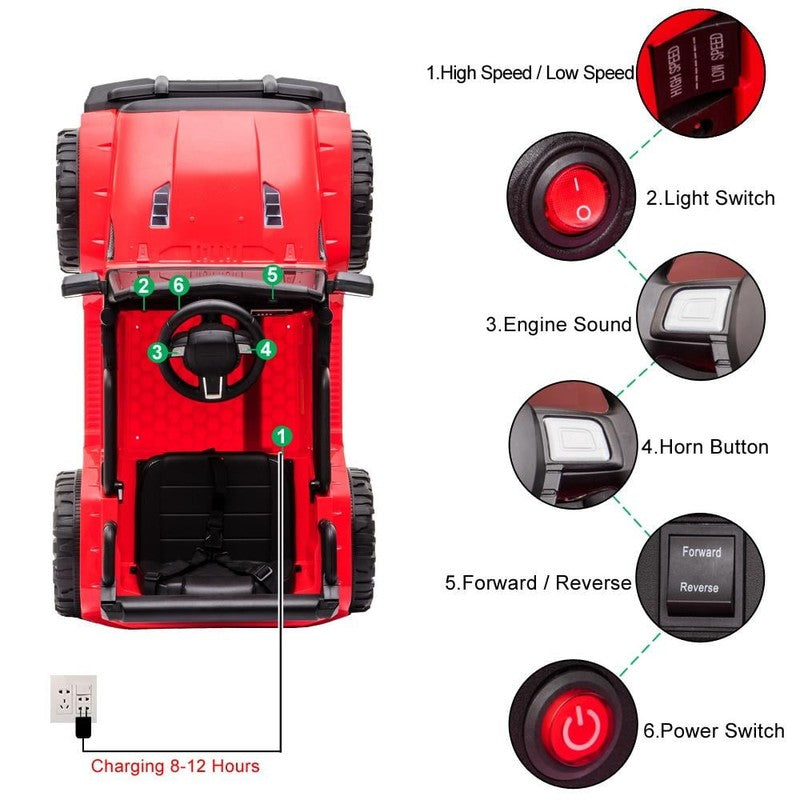 12V Electric Remote Control Kids Ride-On Truck with LED Lights & Seat Belt - Red3