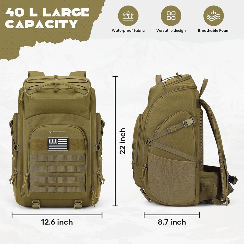 Tactical Backpack 40L Men Water Resistant Hiking Camping Gym Molle Khaki3