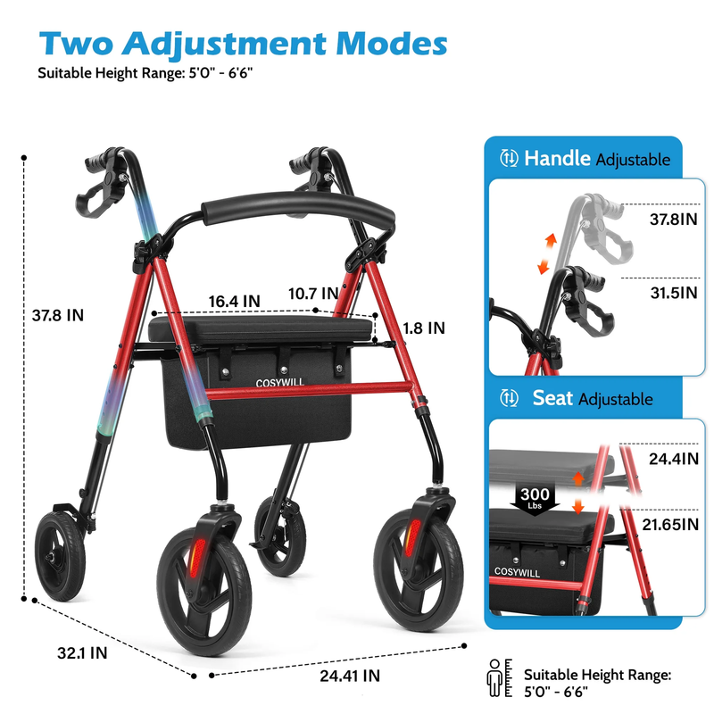 Rollator Walker with Seat,Foldable Walkers for Seniors,Mobility Walkers with 10'7