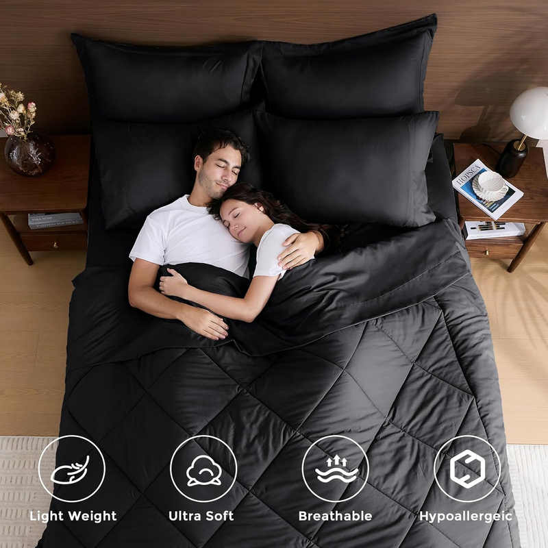 Black Queen Comforter Set 7 Piece Bed in a Bag Ultra Soft Shams Set Black1