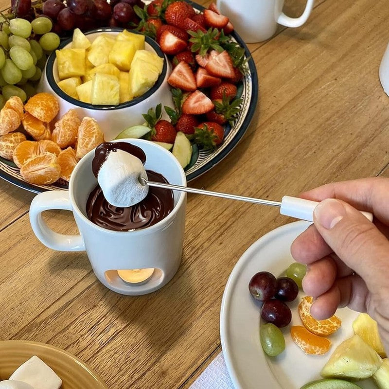 2 Pack Mini Fondue Mug Set, Ceramic, 4 Forks, 8 Candles, Chocolate/Cheese Gift6