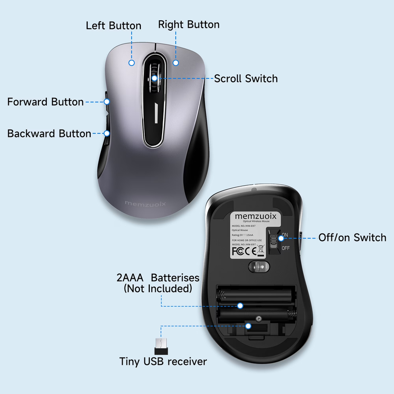 2.4GHz Wireless Mouse 1200 DPI 5 Button USB Receiver PC Laptop Silver Surfer5
