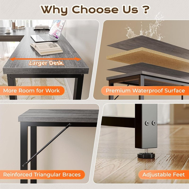 63'' L Shaped Desk w/ Power Outlets USB C Reversible Corner Desk Grey7