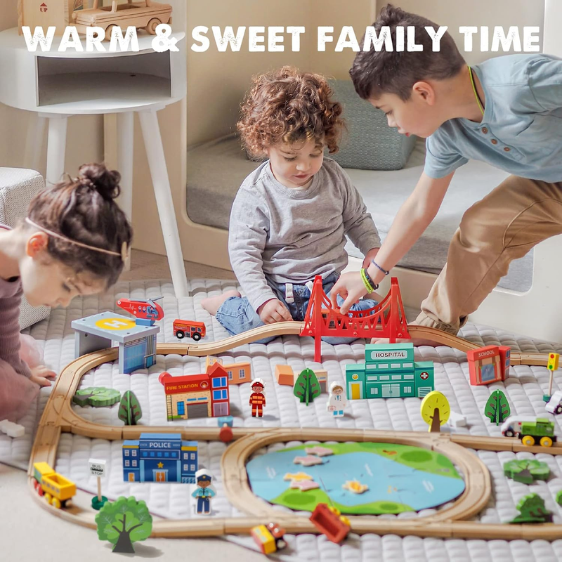 110 Pc Wooden Train Set w/ Tracks Railway Toy for Kids Ages 3 7 Compatible5