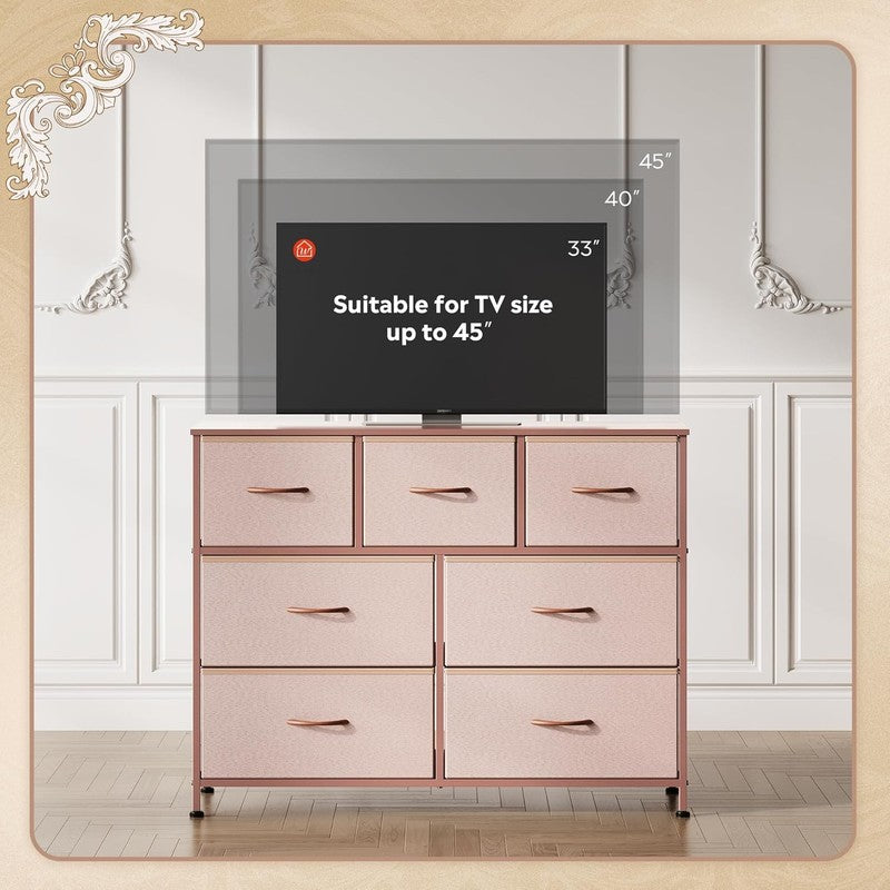 7 Drawer TV Stand Dresser Pink Metal Frame Wood Top Storage Chest5
