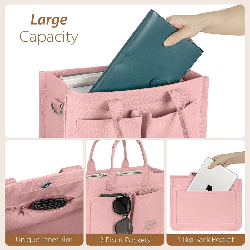 Canvas Tote Bag for Women with Pockets Laptop Work Crossbody Satchel Pink5