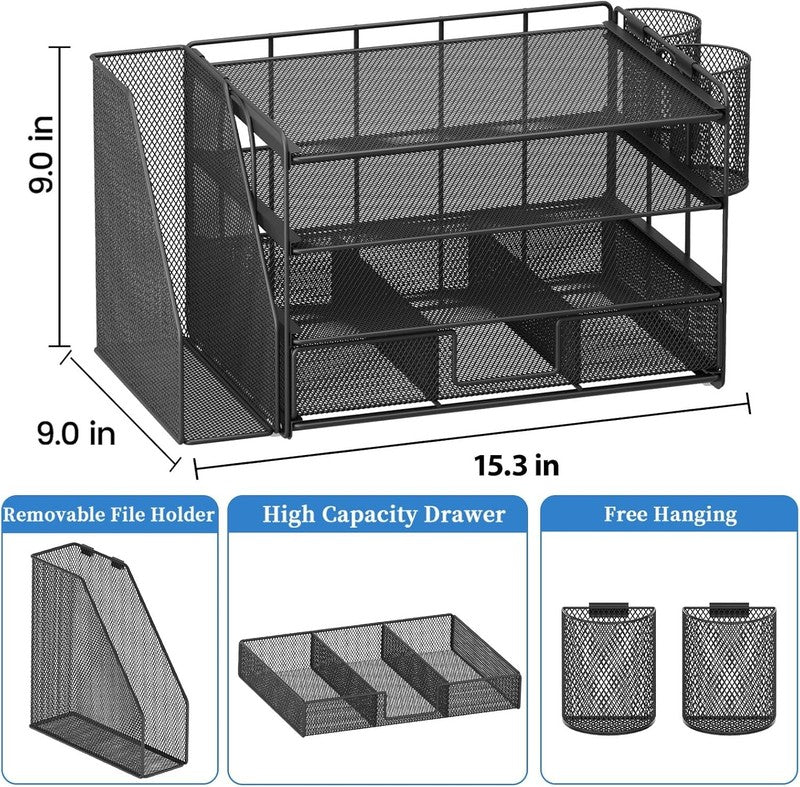 4-Tier Desk Organizer with Drawer & Pen Holders - Office Supplies (Black)4