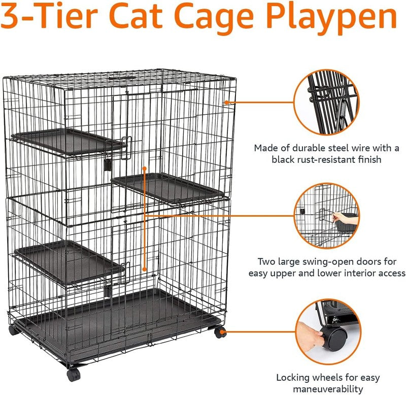 Large 3 Tier Cat Cage Playpen Crate Kennel 35.8x22.4x50.6 Black2