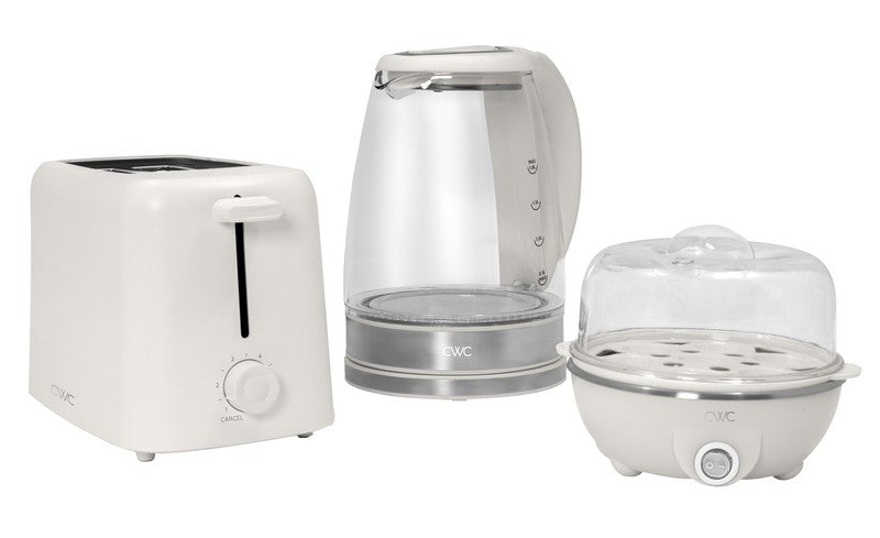 Compact Egg Boiler, Glass Kettle, & Toaster Kitchen Appliance Set, Cream6