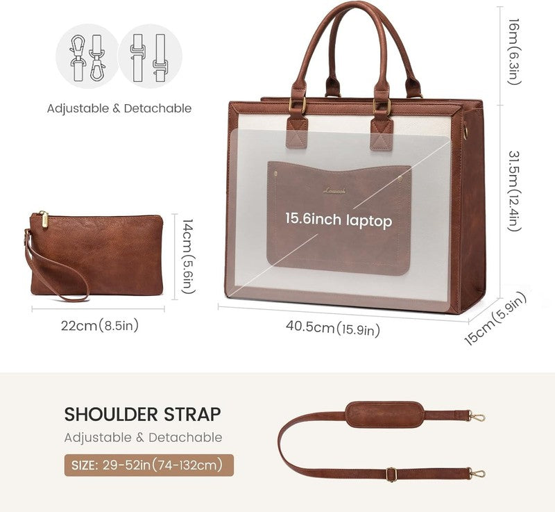 Laptop Tote Bag for Women, 15.6 Inch Work Bags, Vintage Leather Tote Bag, Waterp4