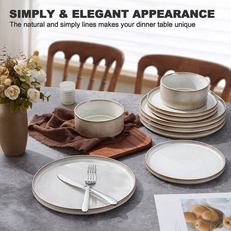 Dinnerware Set for 4, 12 Piece Premium Stoneware Ribbed Dishes with Reactive Gla6