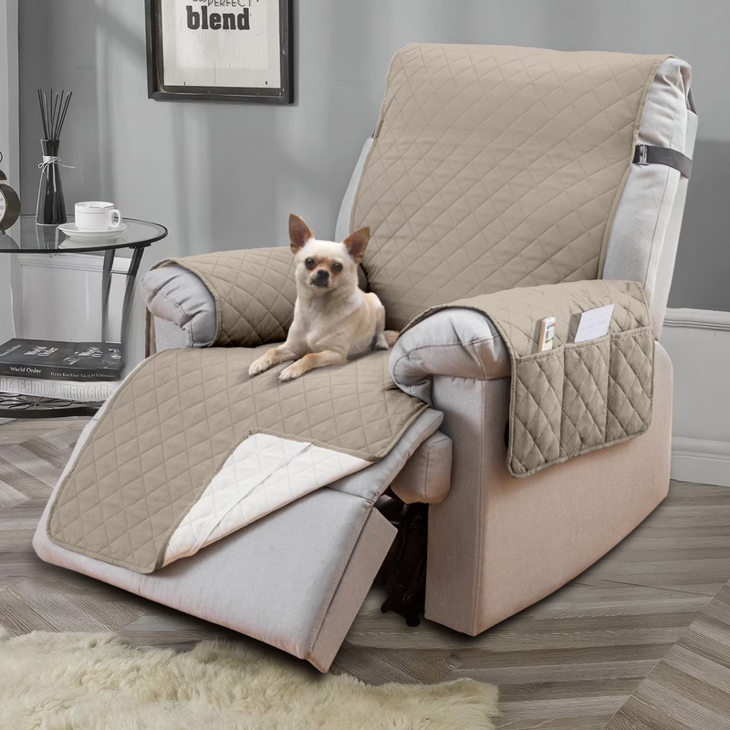 Non-Slip Recliner Chair Cover 25" Khaki with Pocket for Dogs & Pets9