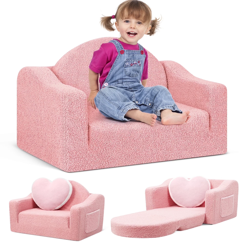 Kids 2 in 1 Toddler Couch Fold Out Soft Convertible Chair Pink for Boys & Girls0