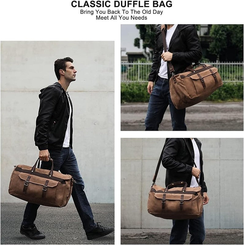 Waterproof Leather Canvas Duffle Bag Overnight Weekender Travel Bag Men Women4