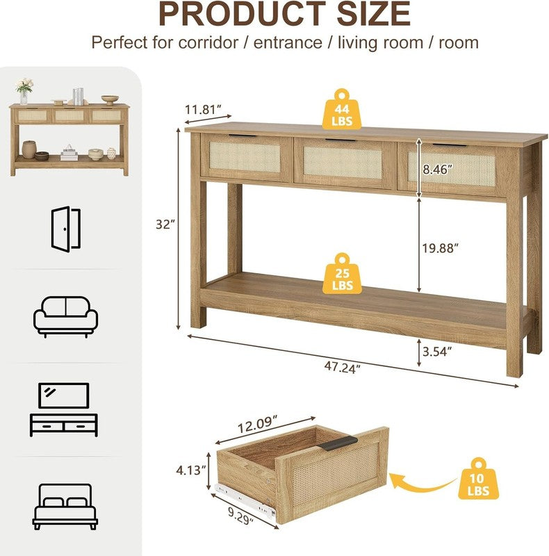 47'' Rattan Console Table Natural Boho Entryway Sofa Table 3 Drawer Storage2