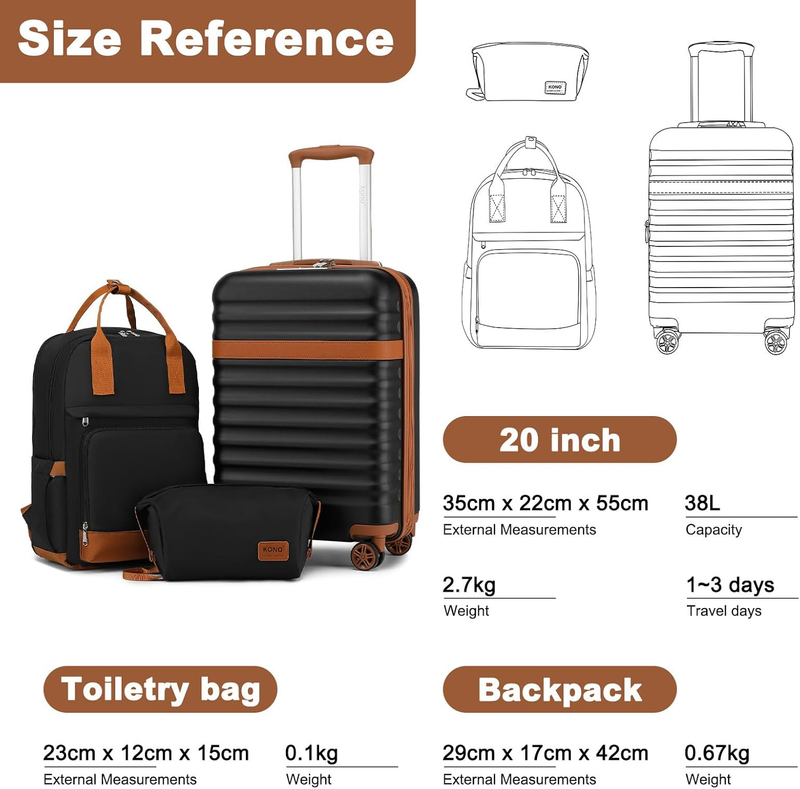 3pc Carry On Luggage Set TSA Lock Spinner Wheels Hardshell Black Brown3